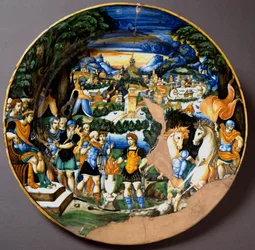 Der Held Gaius Mucius Scaevola vor Porsenna, dem etruskischen König. Keramikteller aus der Fontana-Werkstatt in Urbino, Italien. Um 1560. Museo Nazionale del Bargello, Florenz