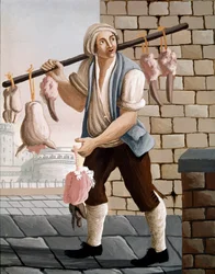 Der wandernde Metzger, der Kalbsköpfe verkauft