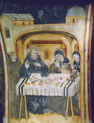 Das Wunder des Regens nach der Intervention der hl. Scholastika während des Essens mit ihrem Bruder, hl. Benedikt