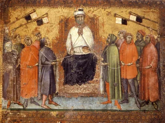 Die restaurierte Regierung hält die Bürger im Zaum. Tafel auf Holz von 1385. Nationalarchiv, Siena.