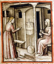 Das Spinnen von Wolle im 14. Jahrhundert. Miniatur aus Codex 212 (oder Padovano Codice oder Bibel von Padua) 1390-1400. Rovigo, Accademia dei Concordi