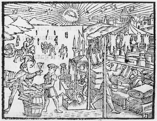 Handel in Skandinavien, Illustration aus Historia de Gentibus Septentrionalibus von Olaus Magnus (1490-1558), veröffentlicht in Rom, 1555