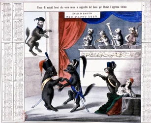Einheit Italiens: allegorischer Kalender des Jahres 1865: Karikatur, die den Löwen Giuseppe Garibaldi zeigt, wie er sich darauf vorbereitet, auf die französische Maus und den österreichischen Fuchs zu springen, um Italien zu befreien. Die Musiker sind Katz