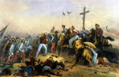 Einheit Italiens: Schlacht von Milazzo in Sizilien am 20.07.1860. Giuseppe Garibaldis Tausend besiegten Franz II. Lithographie aus dem späten 19. Jahrhundert