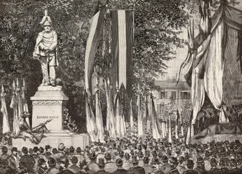 Enthüllung des Denkmals für General Giacomo Medici, Mailand, Italien, Gravur nach einer Zeichnung von Edoardo Ximenes nach einem Foto von Rossi, aus L
