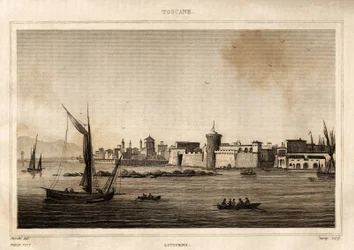 Ansicht von Livorno in der Toskana. Gravur von Storetti in „Italien pittoresk“, Amable Coste Herausgeber, Paris