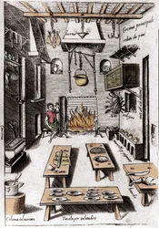 Ansicht einer Küche. Gravur aus „Opera“, einem Buch über Gastronomie, aufgeteilt in 6 Teile, von Bartolomeo Scappi, persönlicher Koch von Papst Pius V. Venedig