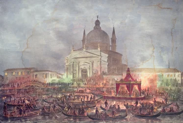 Ansicht der Chiesa del Redentore und Boote am Karnevalstag