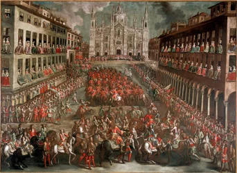 Spanischer Erbfolgekrieg: Feierlichkeiten zur Feier des Einzugs von Prinz Eugen von Savoyen (1663-1736) an der Spitze der siegreichen Armee nach der Schlacht von Turin am 24.09.1706 (Feier auf der Piazza Duomo in Mailand)