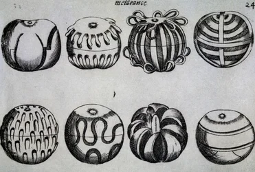 Wege, Obst zu schneiden, Illustration aus Li tre trattati di messer Mattia Giegher bavaro di Mosburc, Trinciante dell