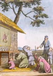 Taoistischer Schrein am Wegesrand auf dem Land, aus Costume dei... von Giulio Ferrario, ca. 1820er-30er Jahre