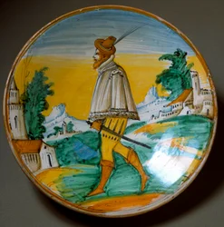 Junger Schütze. Keramikteller, hergestellt in Viterbo, Italien. Ende des 16. Jahrhunderts. Florenz, Museo Nazionale del Bargello
