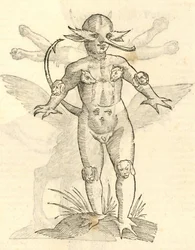 Illustration von Infans capitibus Animalium aus Aldrovandis Geschichte der Monster, 1642