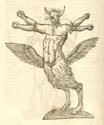 Illustration von Monstrum tetrachiron alatum capite humano aurito aus Aldrovandis Geschichte der Monster, 1642