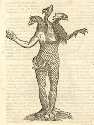 Illustration von Monstrum triceps capite Vulpis, Draconis, & Aquilae aus Aldrovandis Geschichte der Monster, 1642