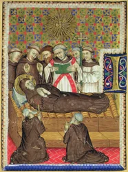 Historisierte Initiale B, die einen Franziskanermönch auf seinem Sterbebett zeigt