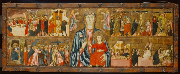 Madonna mit Kind und zwei Engeln mit zwölf Szenen aus der Passion, ca. 1310