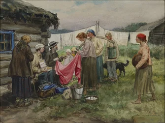 Hungrige Jahre in Petrograd. Tausch von Waren gegen Lebensmittel in einem Dorf in der Nähe eines Bahnhofs von Ivan Alexeyevich Vladimirov