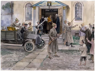 Beschlagnahmung (Konfiskation) der Schätze einer Kirche in Sankt Petersburg am 5. Mai 1922 (aus der Aquarellserie 