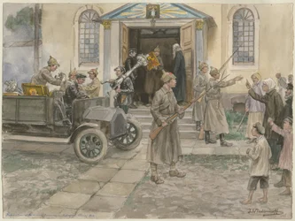 Beschlagnahmung der Kirchenschätze in Petrograd am 5. Mai 1922 aus der Aquarellserie „Russland“