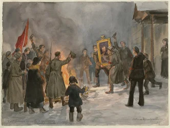 Soldaten verbrennen Gemälde (aus der Aquarellserie Russische Revolution)