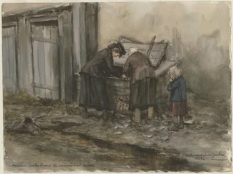Zwei Frauen und ein Kind durchsuchen einen Mülleimer aus der Aquarellserie Russische Revolution