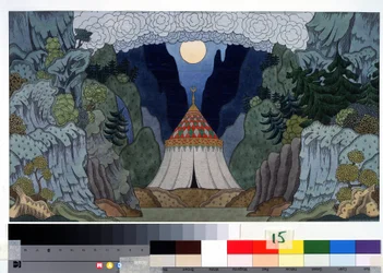 Bühnenbild für die Oper Der goldene Hahn von N. Rimski-Korsakow