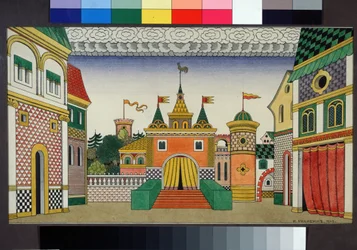 Vorbereitende Zeichnung für das Bühnenbild der Oper "Der goldene Hahn" von Nikolai Rimski-Korsakow (1844-1908)
