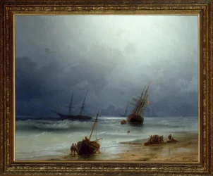 Schifffahrt in stürmischer See vom Strand, 1871