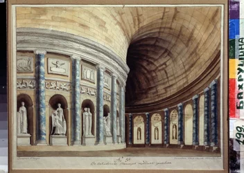 Skizze für den Vorhang des Kaiserlichen Theaters in Pawlowsk (Sankt Petersburg). Ansicht eines Korridors mit Säulen und antiken Statuen. Werk von Ivan Nikolayevich Ivanov (1796-1854)