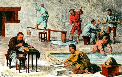 Papierherstellung in China: verschiedene Phasen der Herstellung von Papierbögen aus Rinde. Zeichnung von Ivan Pranishnikoff (1841-1909). 19. Jahrhundert. Privatsammlung