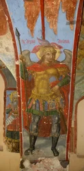 Erzengel Michael. Fresko in der Kathedrale Unserer Lieben Frau vom Zeichen, Nowgorod, frühes 18. Jahrhundert