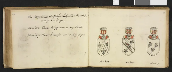 Illustration aus einem Privatarchiv in der Nationalbibliothek mit dem Titel Insignia quædam virorum illustrium in Norvegia quodam habitantium von Iver Nielssøn Hirtzholm