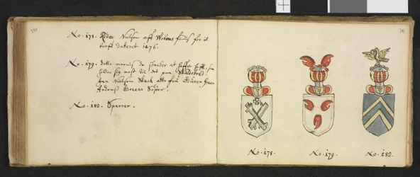Illustration aus einem Privatarchiv in der Nationalbibliothek mit dem Titel Insignia quædam virorum illustrium in Norvegia quodam habitantium von Iver Nielssøn Hirtzholm