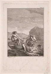 Der schiffbrüchige Niels Klim wird von zwei Qvamiten in einem Weidenboot gerettet