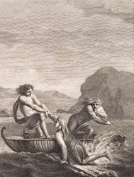 Der schiffbrüchige Niels Klim wird von zwei Qvamiten in einem Weidenboot gerettet