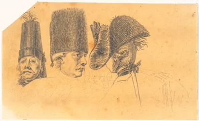 Vorarbeit zu drei der Köpfe für den Stich: Friedrich der Große reitet nach einer Revue in Potsdam nach Hause