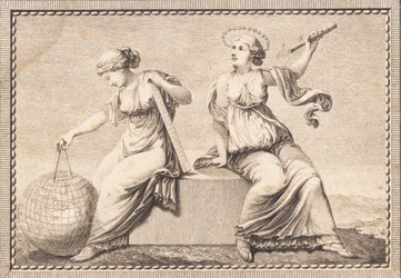 Urania und Gaea sitzen auf einem quadratischen Steinblock