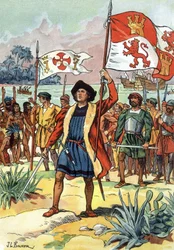1492: Christoph Kolumbus landet in Amerika mit spanischer Flagge