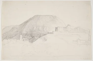 Landschaftsstudie mit Berg und Gebäuden. Spoleto, Italien
