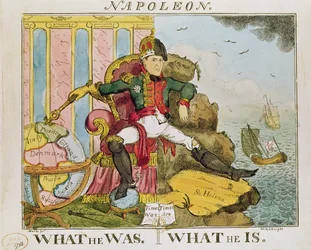 „Was er war. Was er ist“, Karikatur auf Napoleon (1769-1821), veröffentlicht von S. Knight