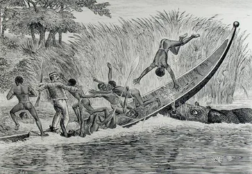 Wütendes Nilpferd kippt ein Boot um