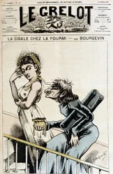 Die Zikade bei der Ameise - Antiklerikale Karikatur eines Jesuiten, der einer unmoralischen Frau, die eine Krone aus Weizenähren trägt, eine offene Geldbörse reicht und eine verächtliche Miene macht - Illustration von A. Bourgevin (oder J. Blasset oder Alb