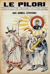 Eine der Zeitungen „die Pranger“: „zu den Waffen, Bürger!“ am 2. Dezember 1888 während einer Demonstration gegen General Boulanger. Illustration von J. Blass (Albert Douat)