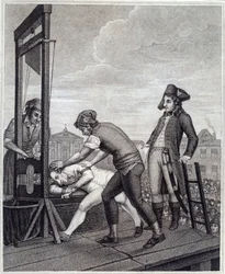 Die Hinrichtung von Maximilien de Robespierre (1758-1794) durch die Guillotine am 28.07.1794 auf der Place de la Concorde. Gravur von James Idnarpila nach J. Beys. Ca. 1799. Paris, Musée Carnavalet