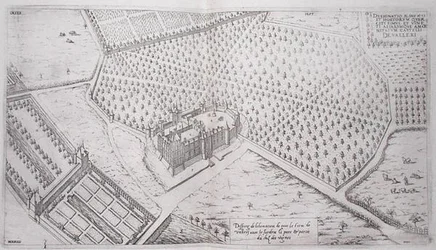 Schloss Vallery mit Gärten, Park und Teil des Weinbergs, aus 