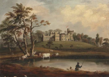 Ansicht von Hornby Castle, Yorkshire, mit einem Angler und Vieh am Ufer des Flusses Wenning