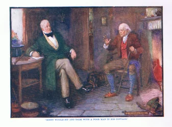 Scott würde mit einem armen Mann in seiner Hütte sitzen und sprechen, aus Englische Literatur, veröffentlicht von T C & EC Jack, ca. 1920