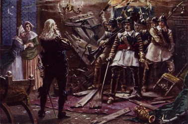 Oliver Cromwells parlamentarische Soldaten brechen in das Haus eines Unterstützers von König Karl I. ein
