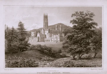 Südwestansicht von Fonthill Abbey, graviert von T. Higham, 1823